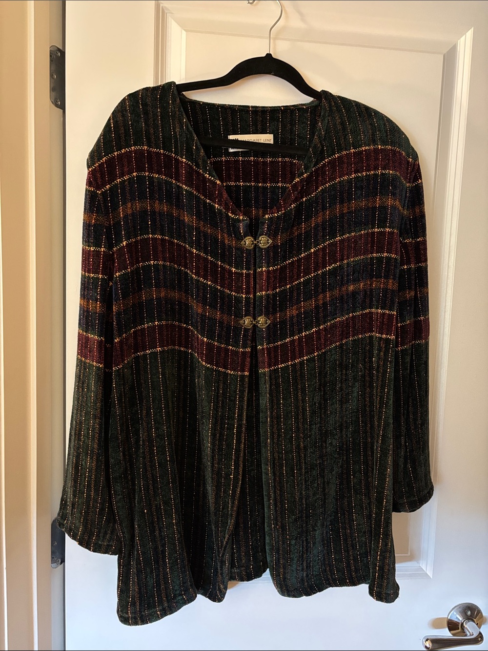Velvet Striped Button-Front Jacket in Dark Green and Burgundy